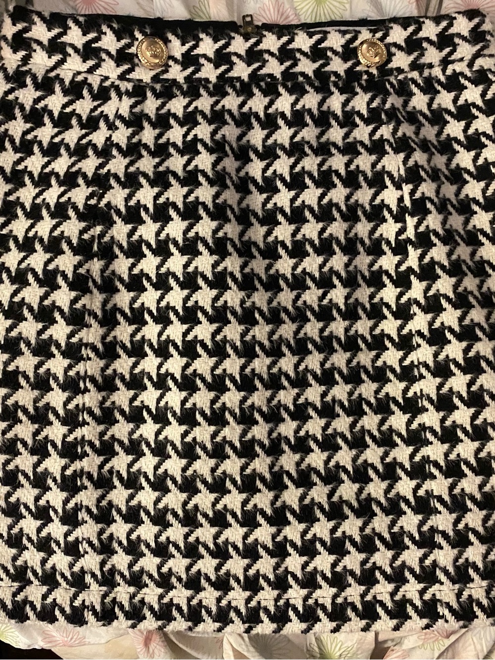 Walter Baker Black and White Houndstooth Mini Skirt with Gold Buttons